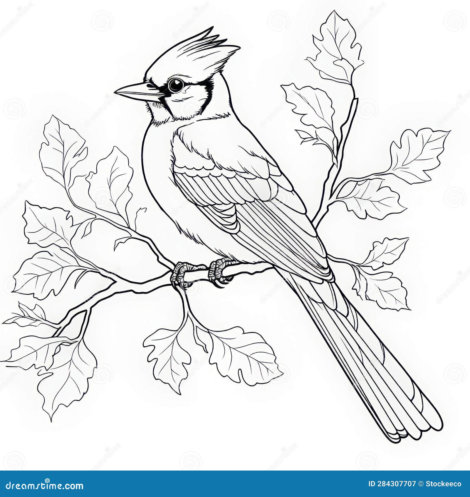 Naturecore bird coloring pages detailed foliage with blue jay outline stock illustration