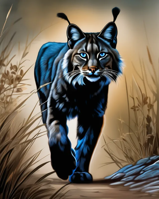 Black bobcat blue eyes shadowy dark