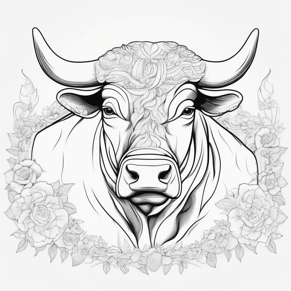 A black and white drawing of a bull