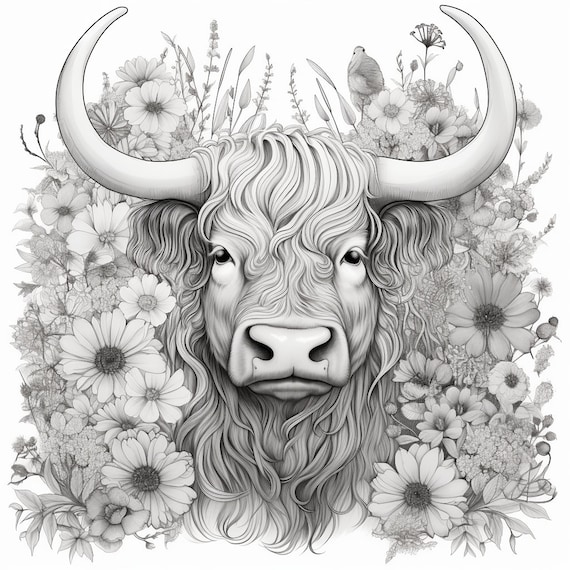 Floral highland cow print adult coloring page digital downloads