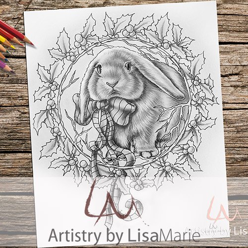 Bunny with christmas wreath printable coloring page â artistry by lisa marie