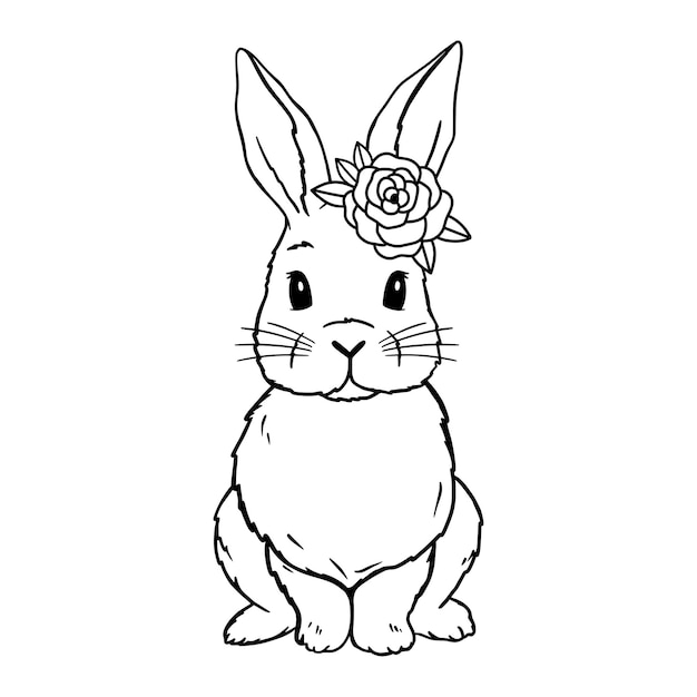 Premium vector cute rabbit line art bunny with rose bunny sketch vector illustration coloring pages for children