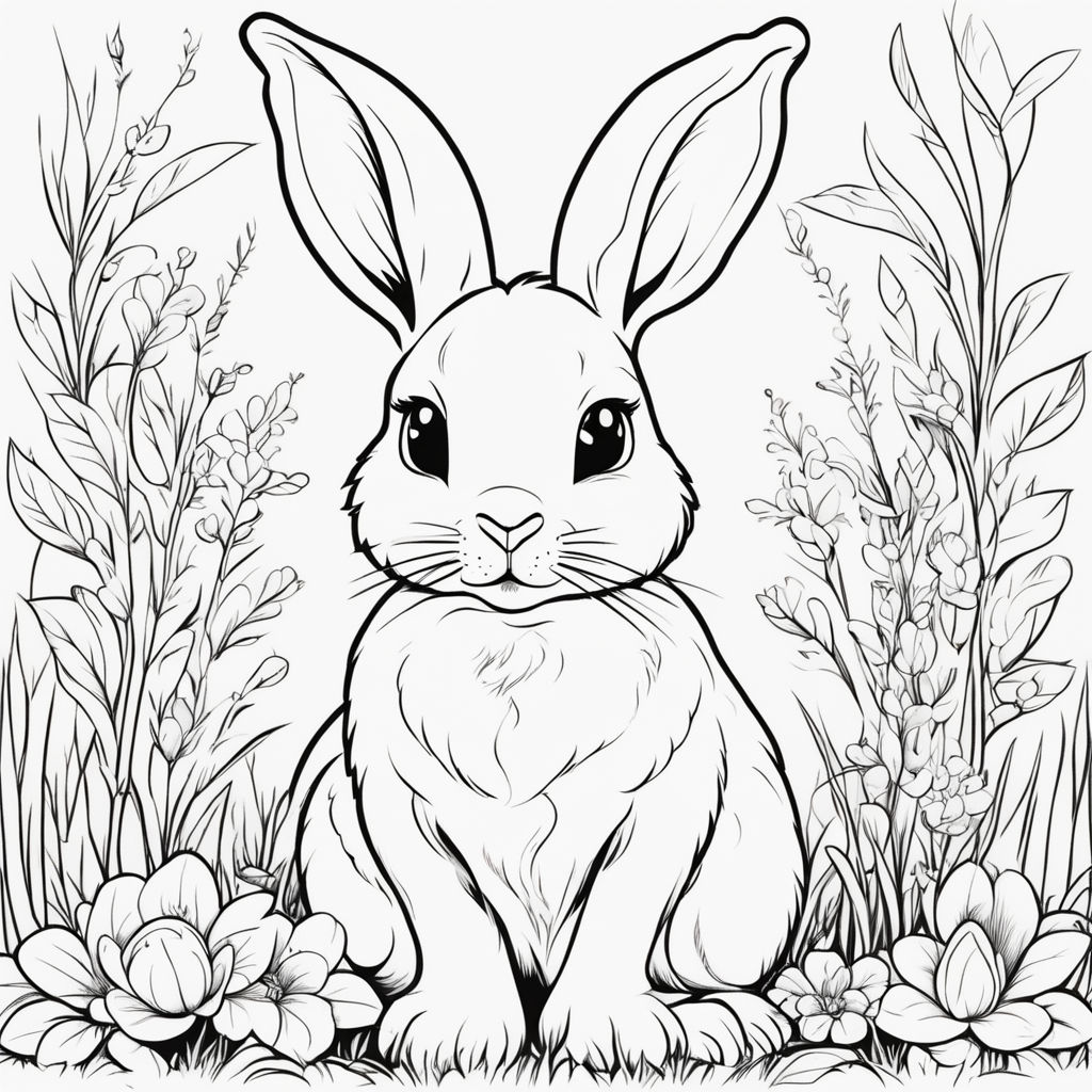 A rabbit and a human child in the middle of a forest with trees highly detailed continuous line drawing