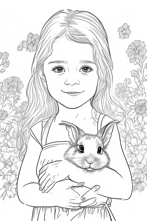 Photogeorge realistic year girl holding a small baby rabbit and looking at the camera in front of beautiful random flowers and facing camera eyes open