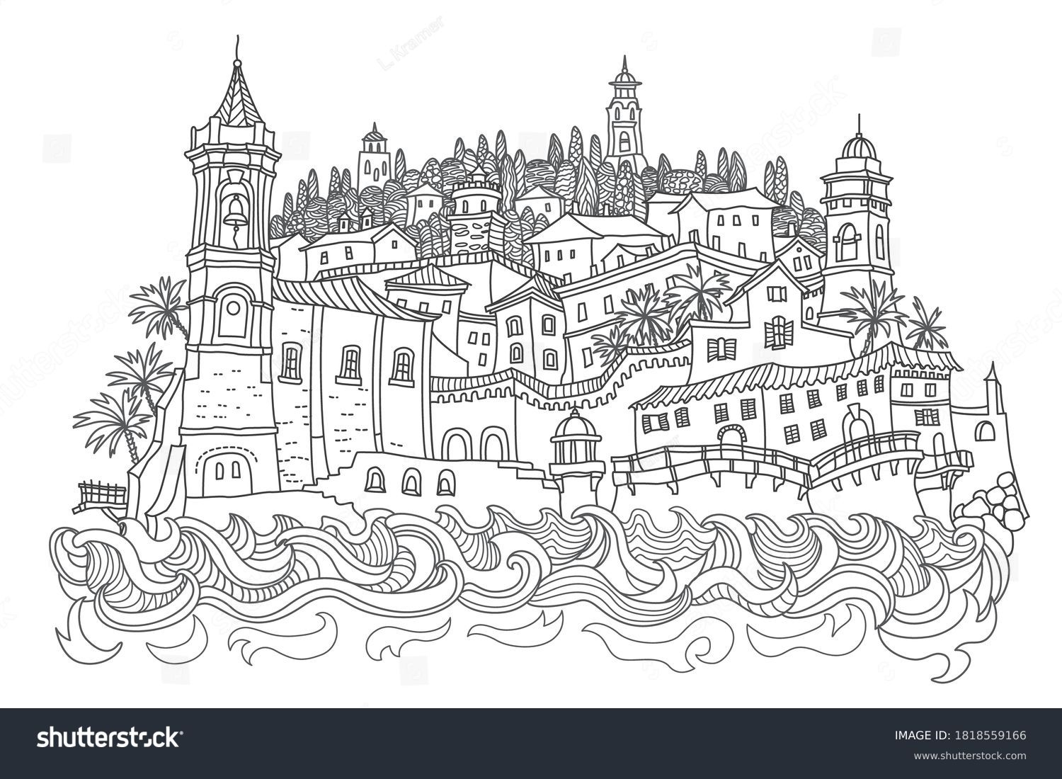 Vector fantasy urban mediterranean landscape sea stock vector royalty free