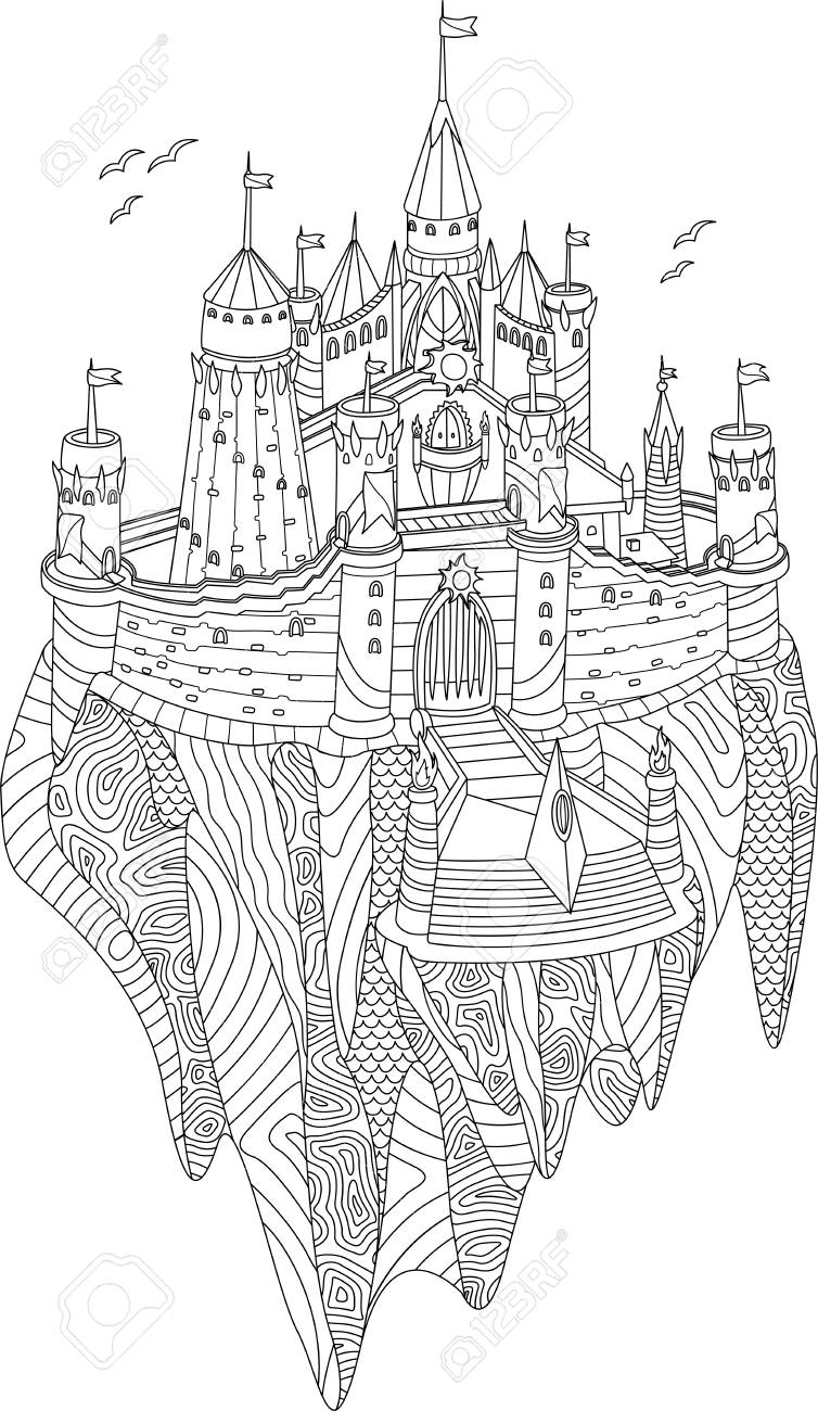 Adult coloring book page with fantasy castle on a flying island stock photo picture and royalty free image image