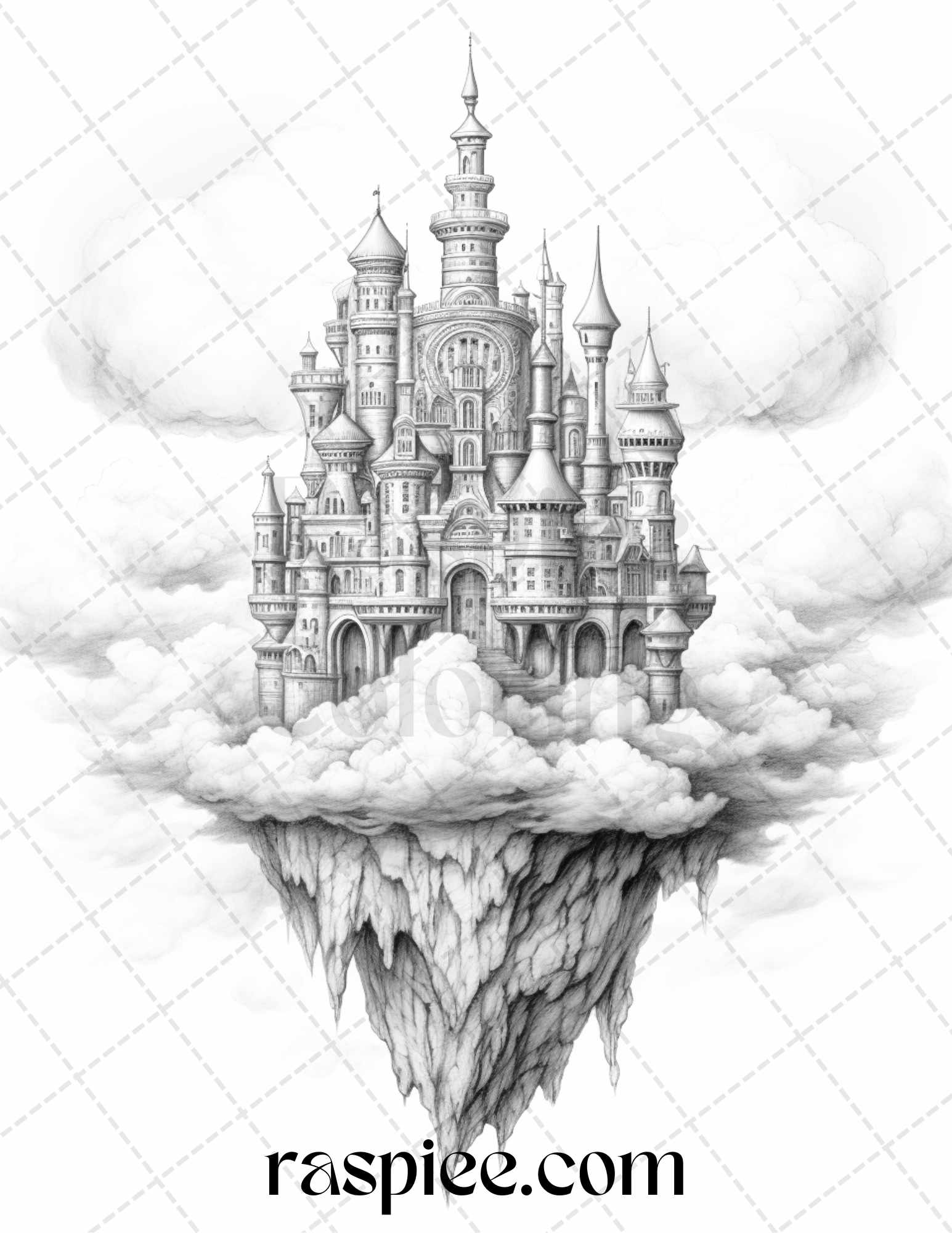 Floating castle in the sky grayscale coloring pages for adults printa â coloring