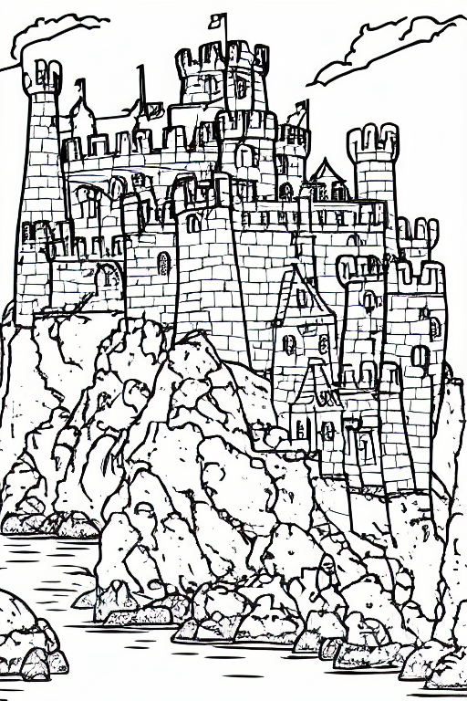 An old castle on a seaside cliff coloring book line art simple low detail