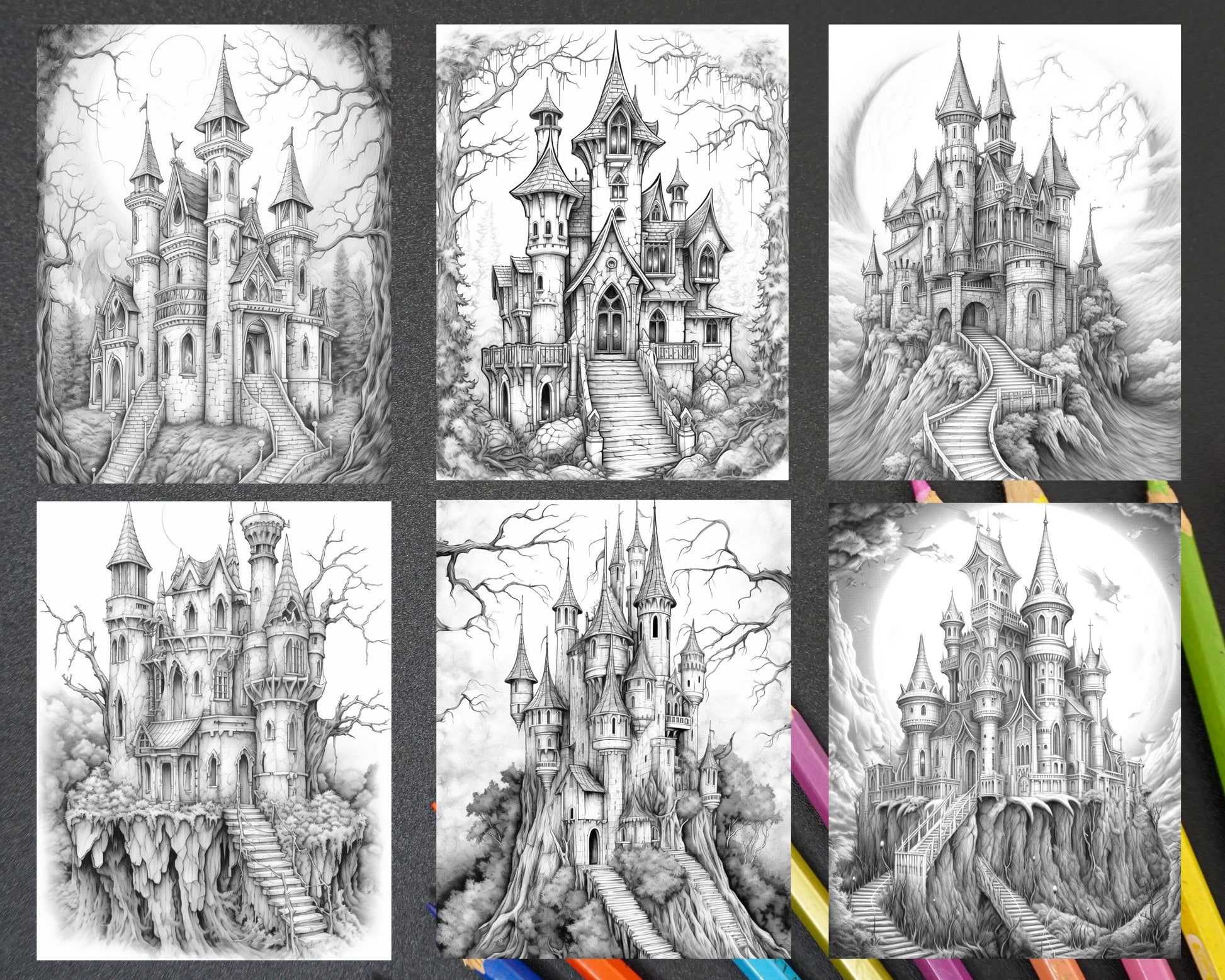 Haunted castles grayscale coloring pages printable halloween color â coloring