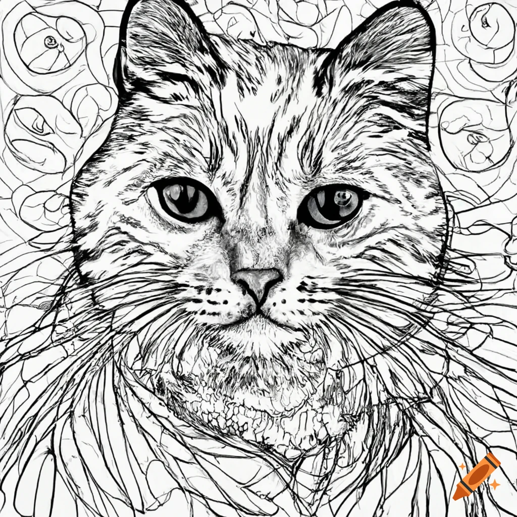 Line art of a realistic cat for a coloring book on