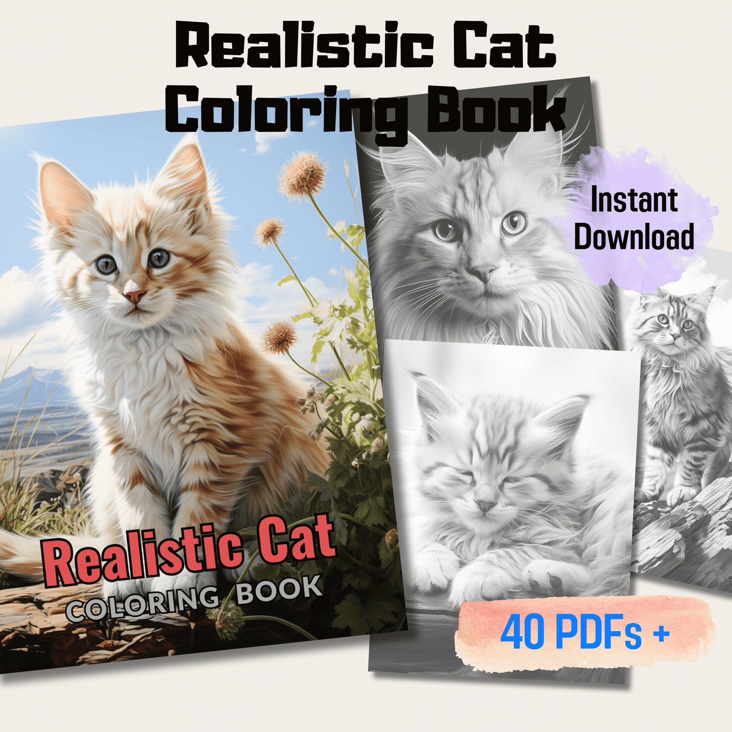 Pages realistic cat grayscale coloring book instant download prin â funny print for you