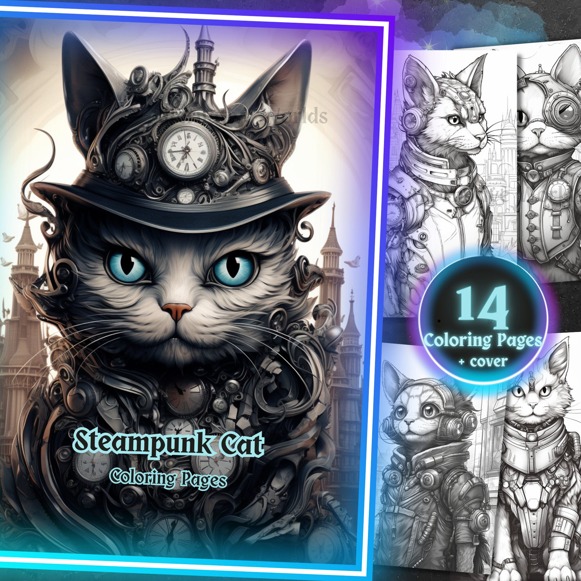 Steampunk realistic cat coloring book cute cat adult coloring pages anxiety relief printable grayscale coloring sheets