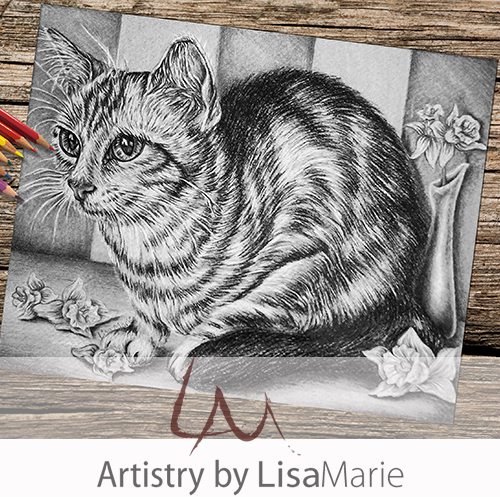 Cat with daffodils grayscale printable coloring book page â artistry by lisa marie