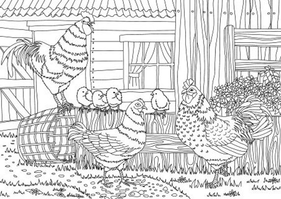 Chicks in the yard printable adult coloring page from favoreads coloring book pages for adults and kids coloring sheets