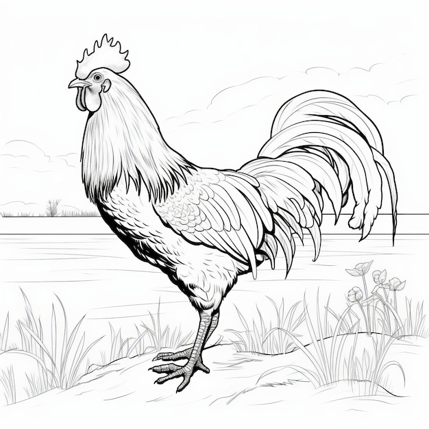 Premium ai image realistic rooster coloring page with coastal scenery