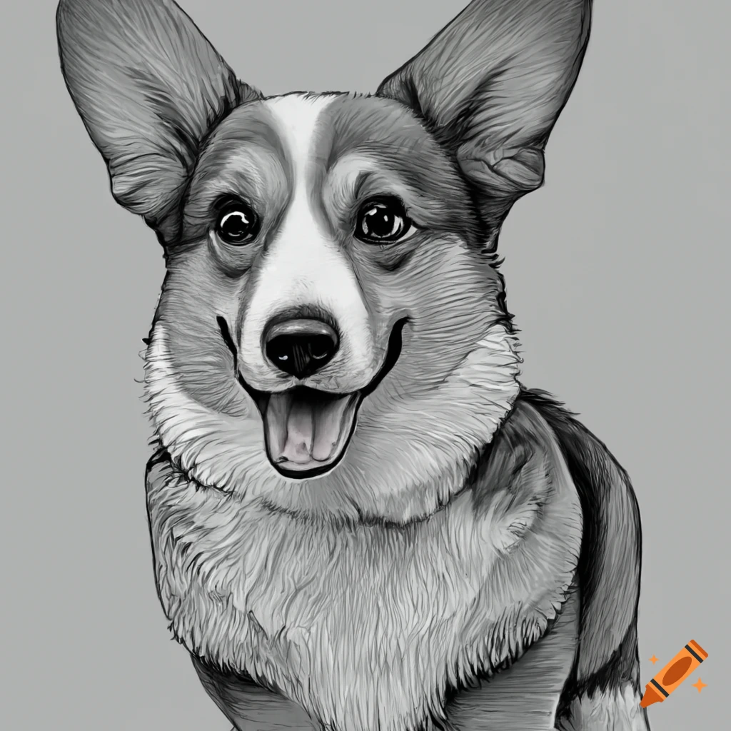 Welsh corgi pembroke dog fineline drawing greyscale no colors coloring book style on