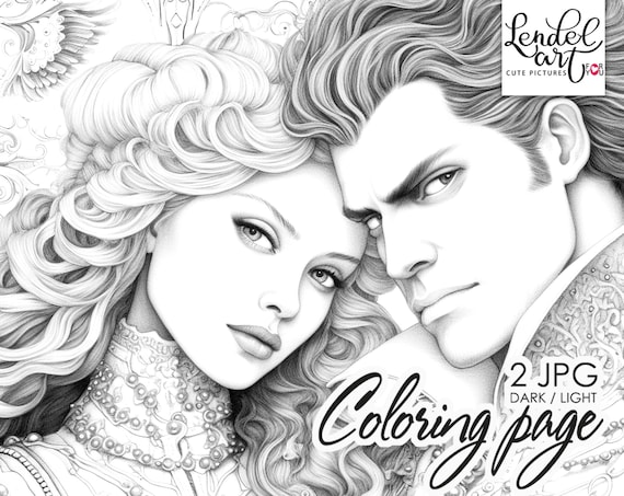 Elegant couple coloring page printable adult colouring pages book fantasy art instant download grayscale illustration jpg