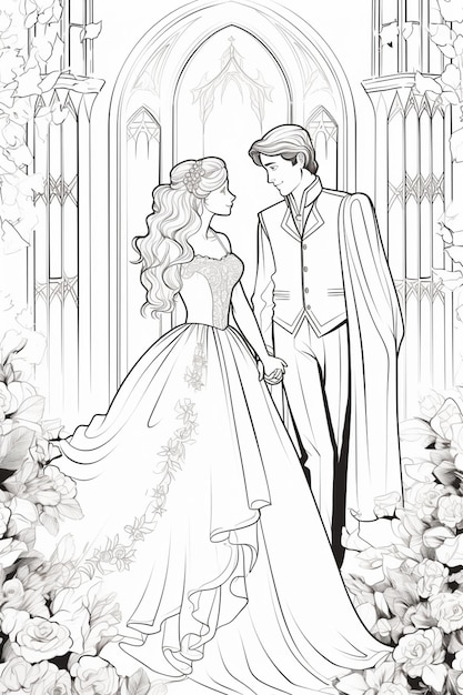 Premium ai image a coloring page of a couple in a wedding dress standing in front of a church generative ai