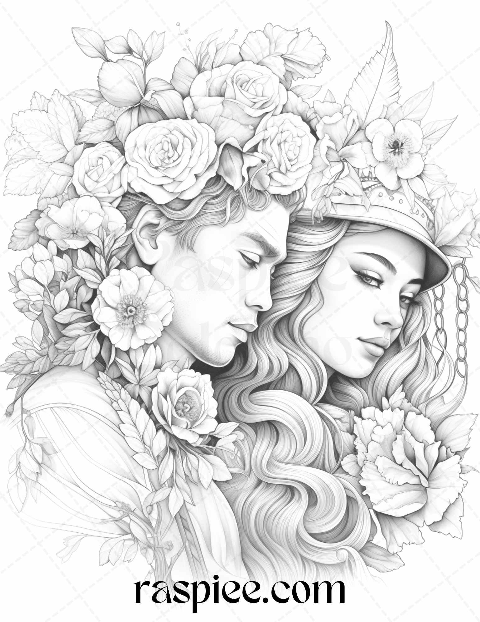 Romantic couple flowers grayscale coloring pages printable for adul â coloring