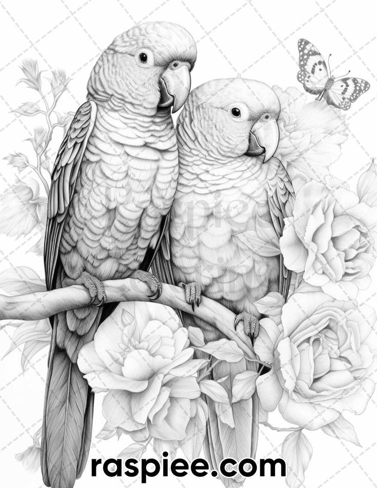 Lovebird couple with flowers grayscale coloring pages for adults p grayscale coloring coloring pages adult coloring pages