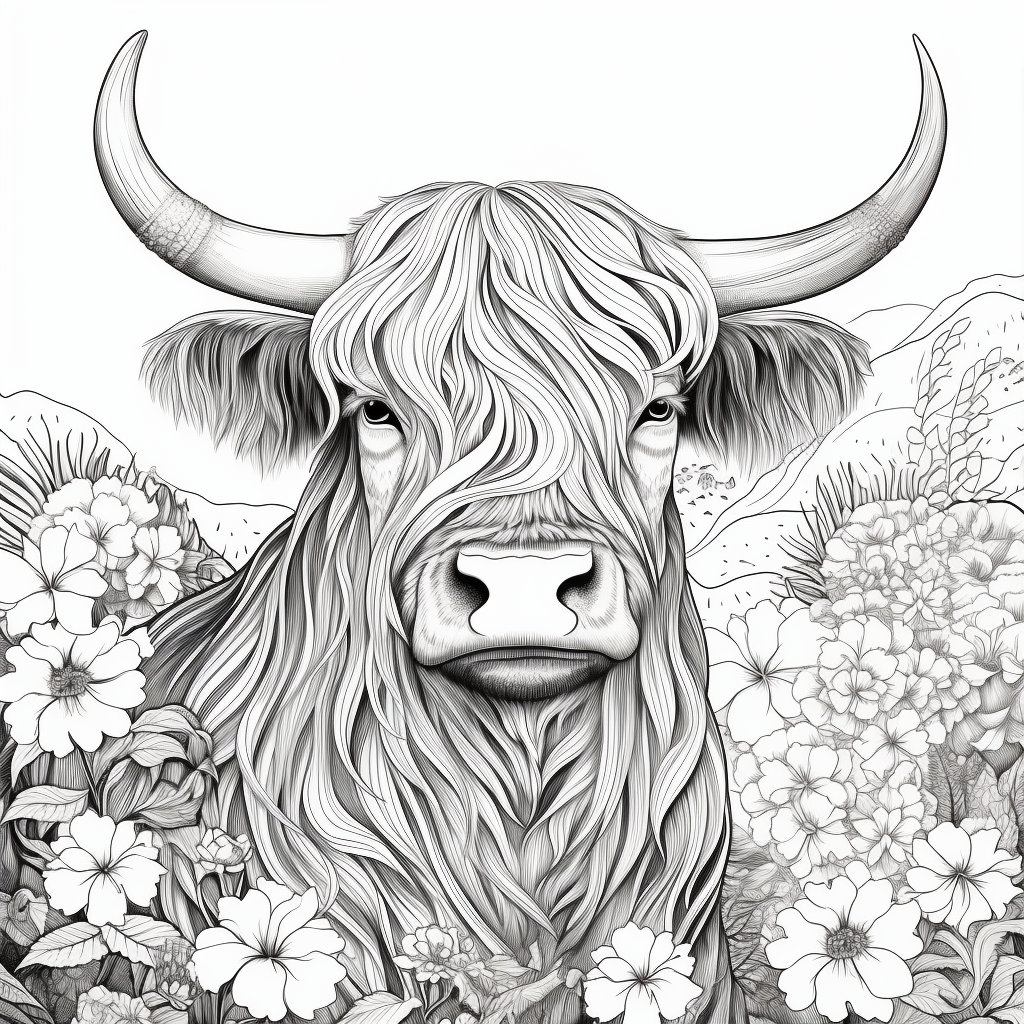 Floral highland cow print adult coloring page digital downloads