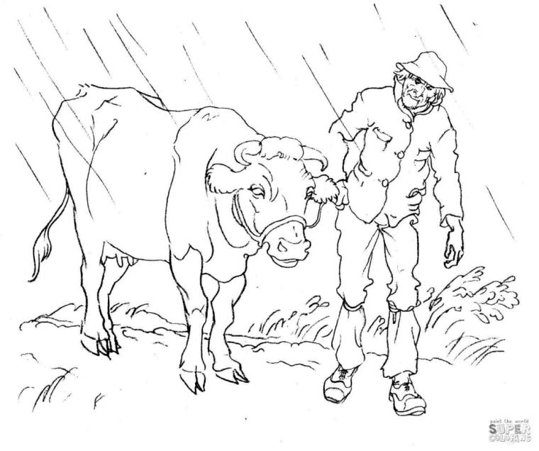 Get this realistic cow coloring pages to print cow with the farmer