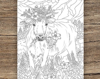 Cow in flowers printable adult coloring page from favoreads coloring book pages for adults and kids coloring sheets coloring designs instant download