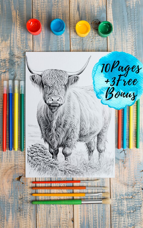 Printable coloring pages for adults and kids pages freebonus realistic highland cow coloring book animals greyscale coloring sheets