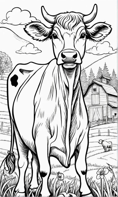 Black and white outline happy cow