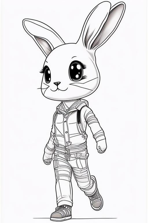 Paisan coloring book cute bunny running full body cartoon style realistic style free lines high contrast black and white on paper crisp lines k