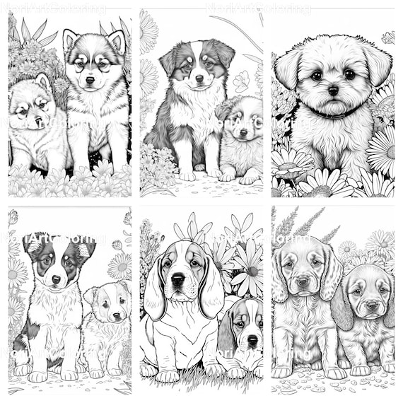 Cute puppies different species coloring book printable adult coloring pages download grayscale illustration printable pdf file