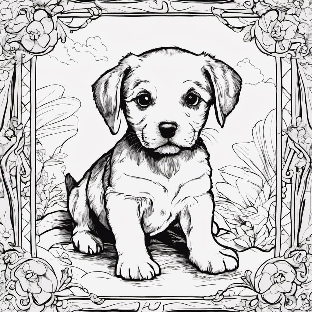 A coloring book line drawing with black ink of a cute puppy surrounded by a frame rnightcafe