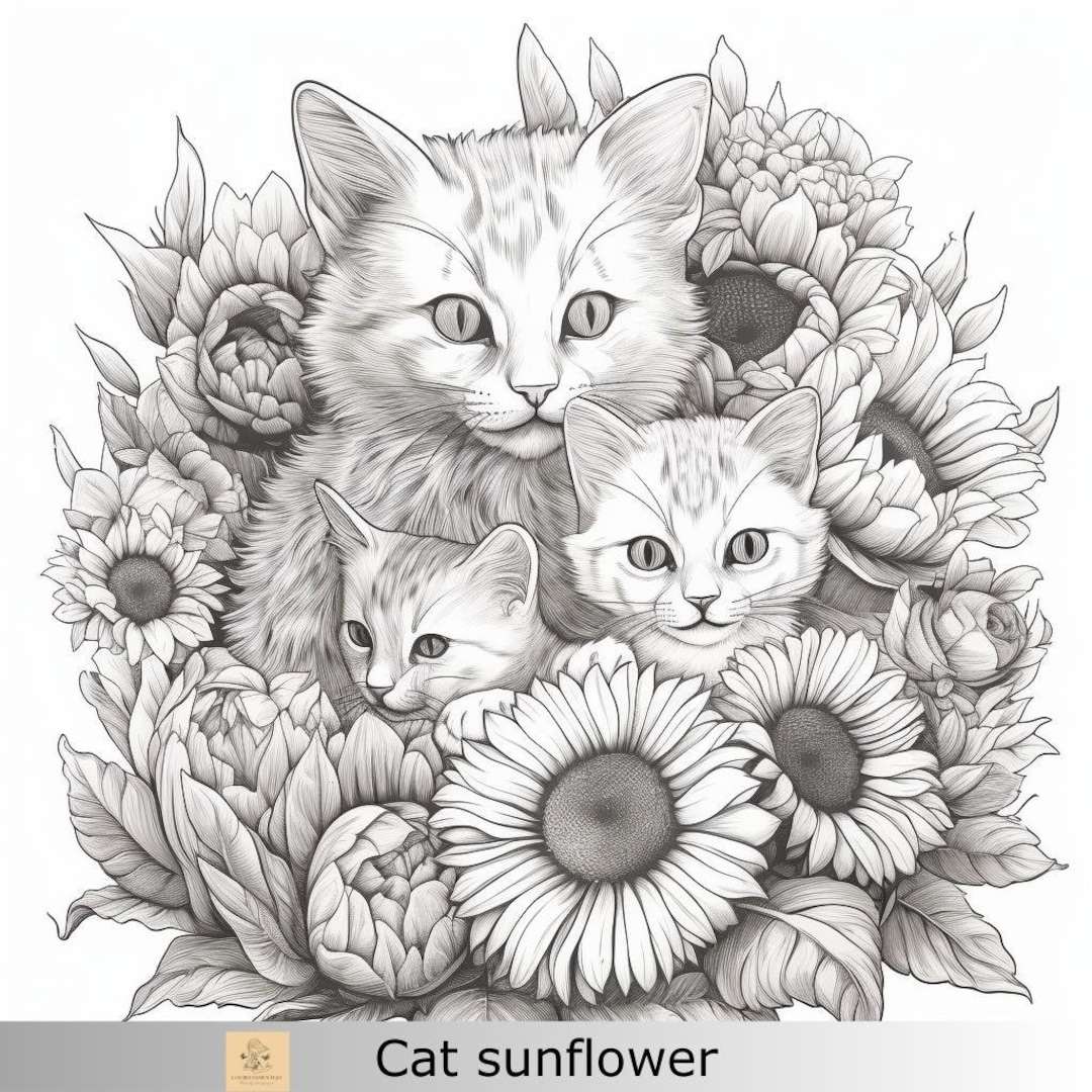 Greyscale cats sunflower printable coloring page printable adult coloring page download greyscale illustration png