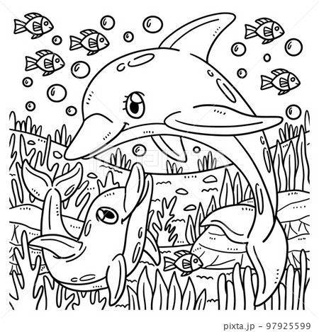 Mother dolphin and baby dolphin coloring page