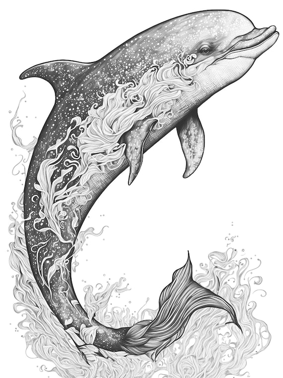 Cosmic dolphin adult coloring sheet ai generated image of a dolphin instant download digital