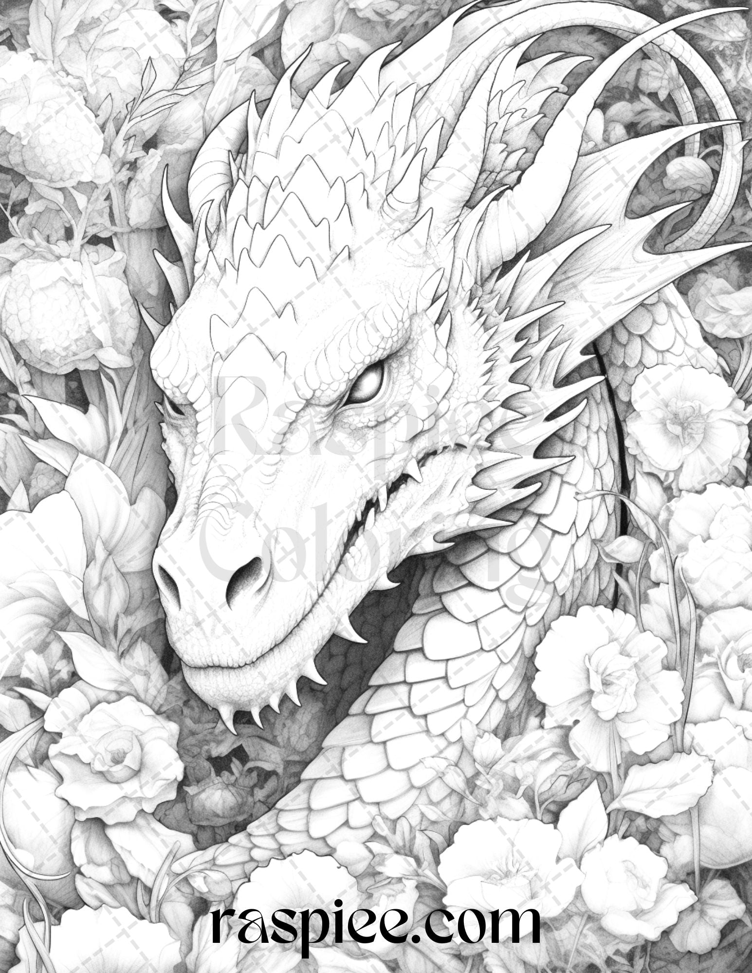 Flower dragon grayscale coloring pages printable for adults pdf fi â coloring