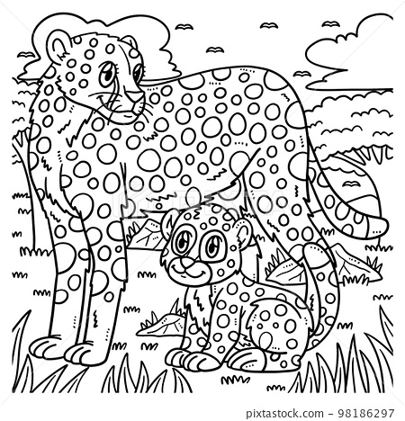 Mother cheetah and baby cheetah coloring page