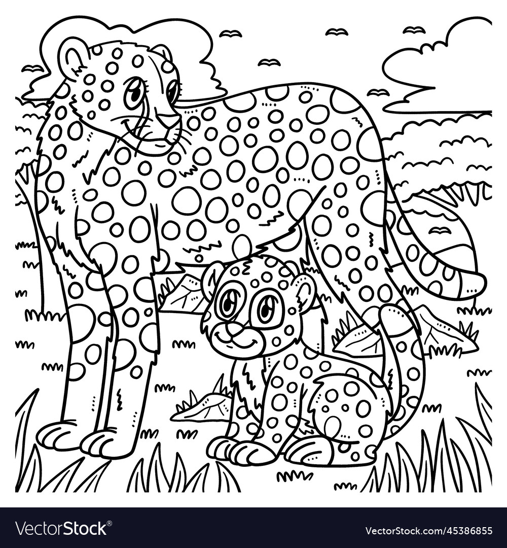 Mother cheetah and baby coloring page royalty free vector