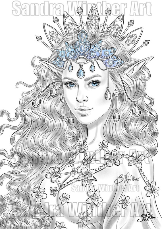 Elf empress printable digital coloring page