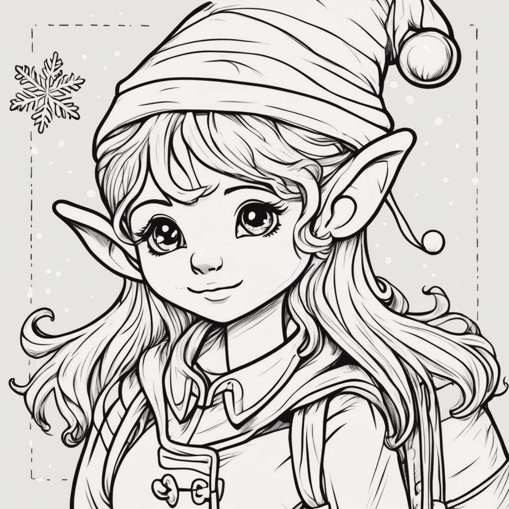 Black and white outline drawing in the style of a coloring in book closeup a lovely embellished elf beautiful body