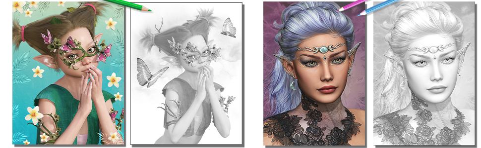 Fantasy grayscale coloring pages for adults best pages collection from rachel mintz books beautiful fairies elves warriors trolls magical pixies women portraits mintz rachel books