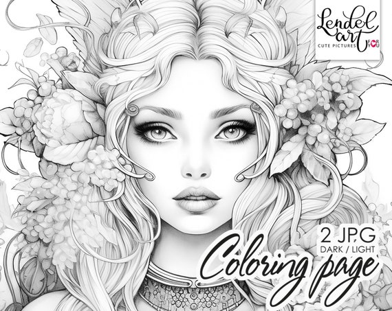 Spring elf coloring page for adults grayscale coloring page girl portrait instant download jpeg