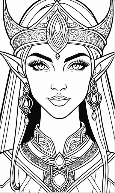 Black and white outline drawing in the style of a coloring in book closeup a lovely embellished elf beautiful body