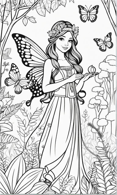 Coloring book drawing of a fairy