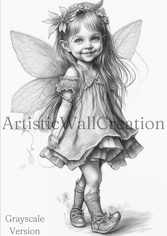 Grayscale fairy coloring page adult coloring sheet enchanted fairy delicate fairy girl darklightextra light greyscale pdfpng