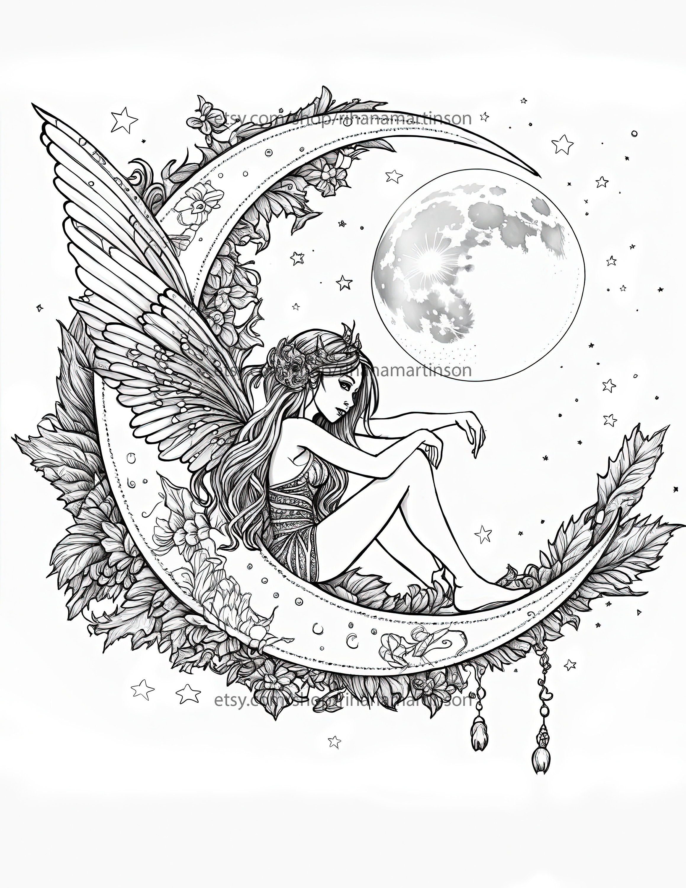 Fantasy fairy printable adult coloring book page ornate crescent moon