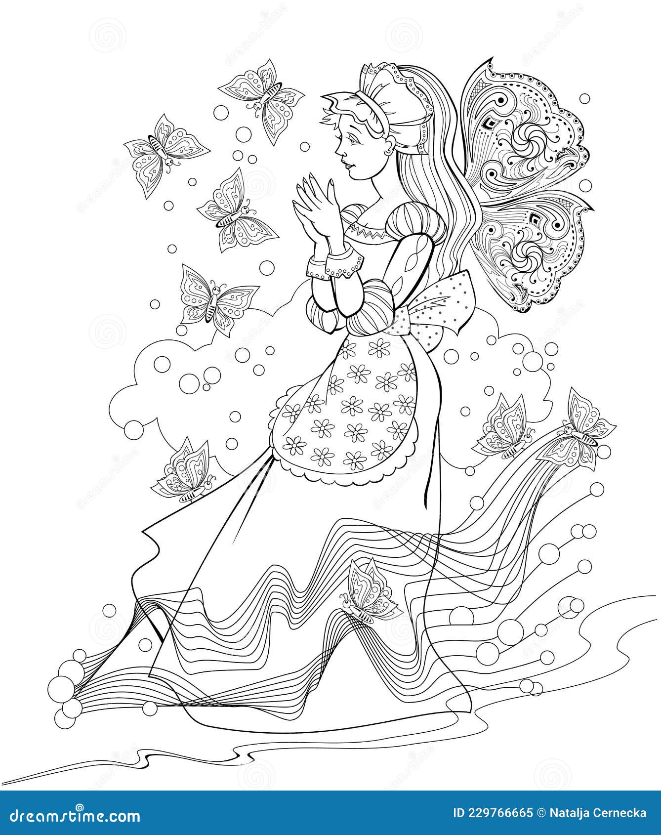 Black and white page for kids coloring book illustration of beautiful little fairy paying with butterflies printable worksheet stock vector