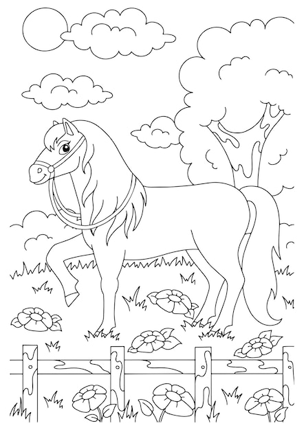 Premium vector cute horse farm animal coloring book page for kids