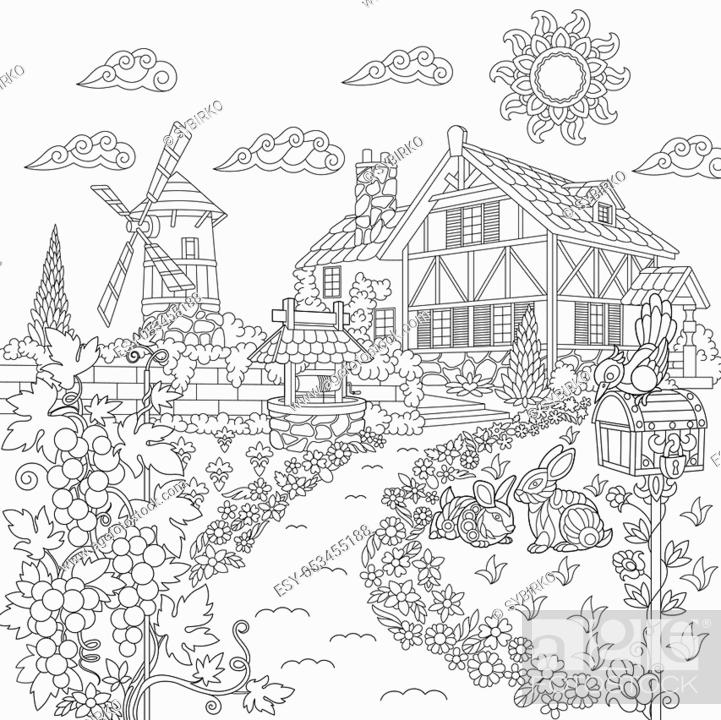 Coloring page of rural landscape farm house windmill water well mail box rabbits bird stock vector vector and low budget royalty free image pic esy