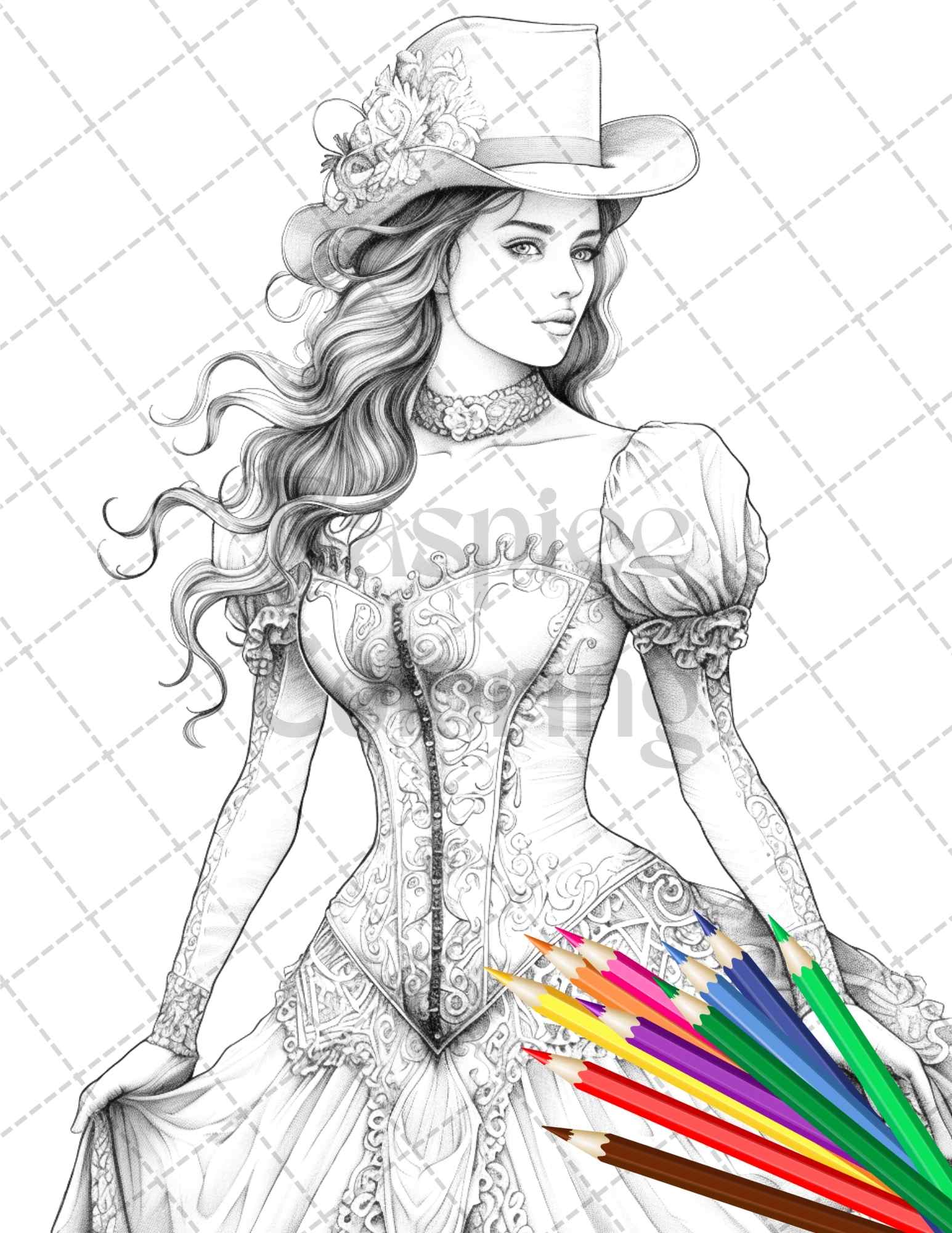 Victorian fashion grayscale coloring pages printable for adults pd â coloring